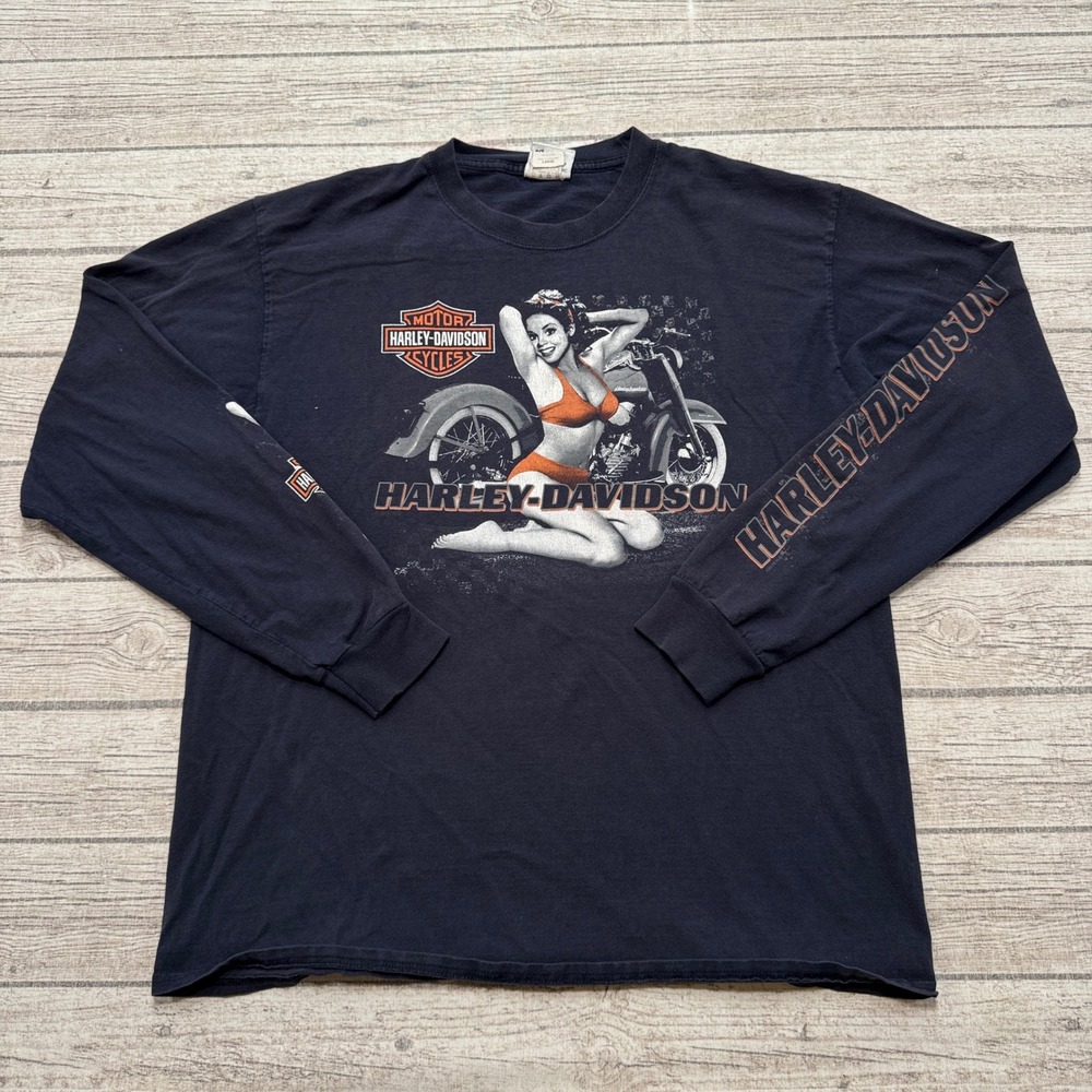 Y2K Harley-Davidson Shirt Men's Large Black Pin-Up Wildcat Long Sleeve Biker